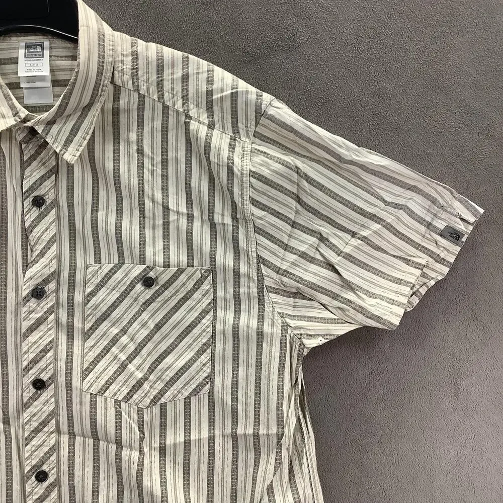 The North Face Shirt Mens XL Beige Gray Striped Short Sleeve Cotton E3 Series